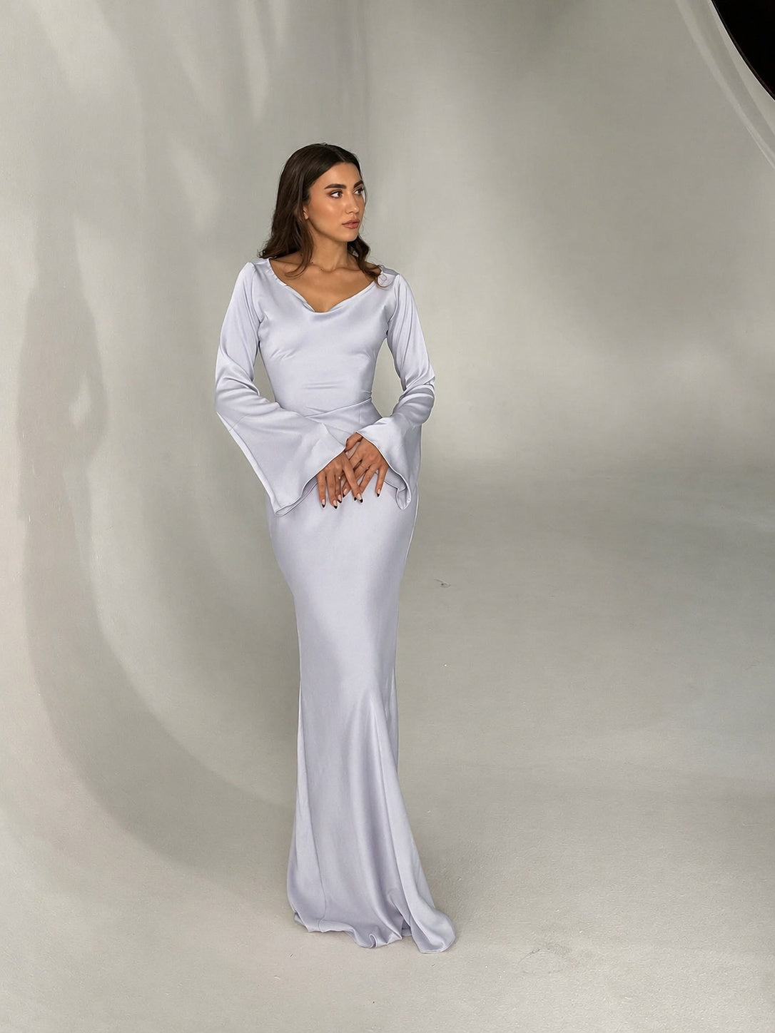 Vestido Largo de Gala Mujer Manga Larga Escote Redondo