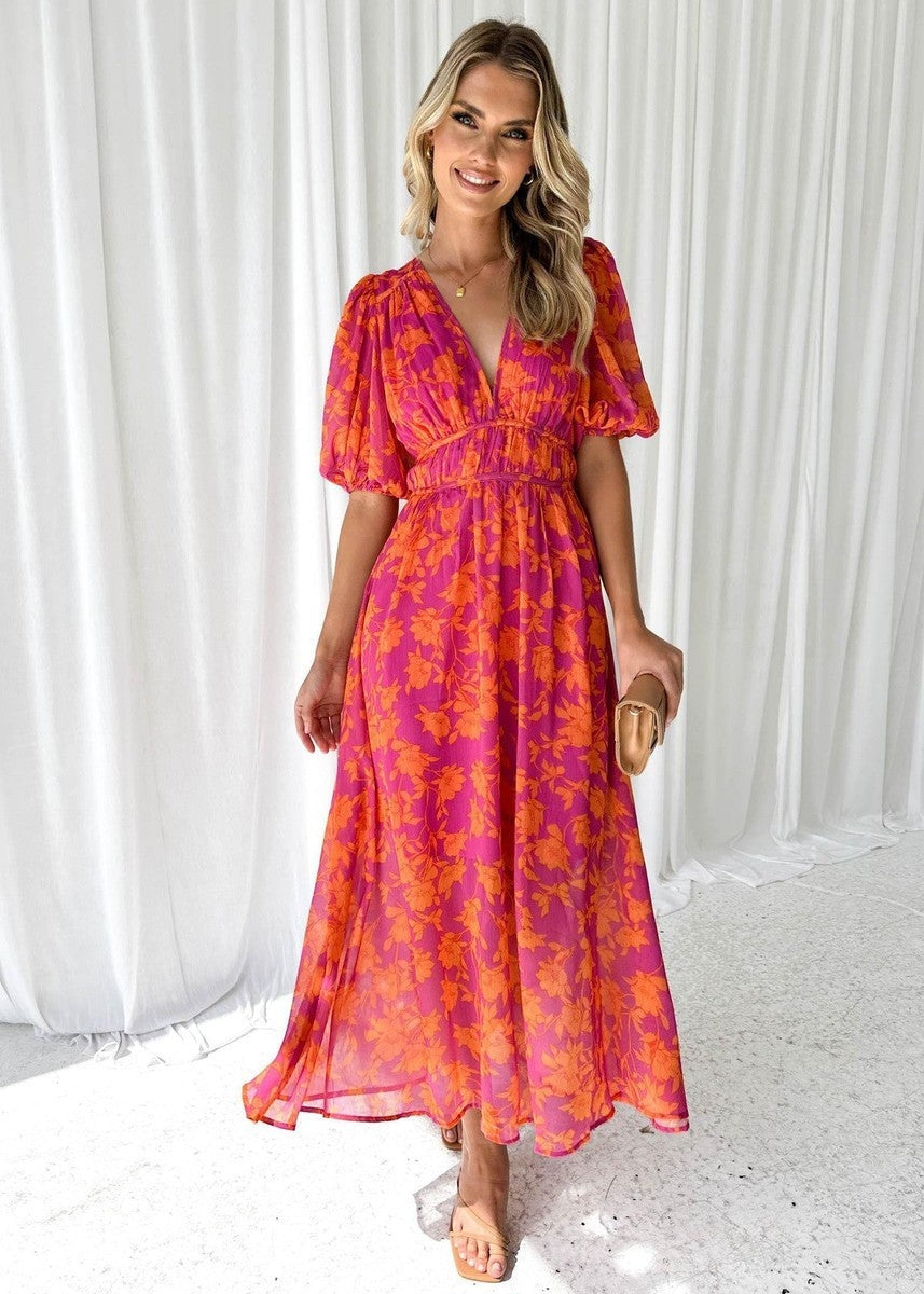 Vestido Largo de Invitada de Boda Estampado Mujer Escote V
