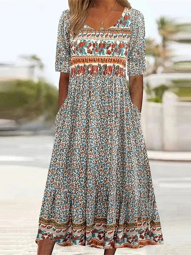 Vestido Largo de Invitada Estampado Étnico Mujer Cuello Cuadrado