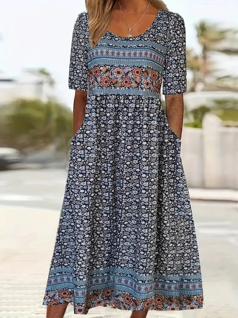 Vestido Largo de Invitada Estampado Étnico Mujer Cuello Cuadrado