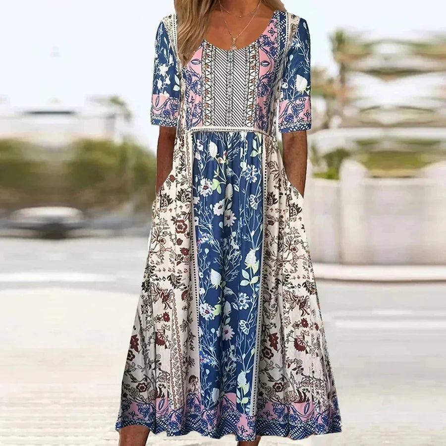 Vestido Largo de Invitada Estampado Étnico Mujer Cuello Cuadrado