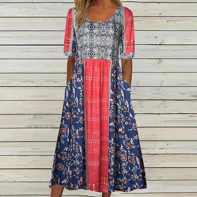 Vestido Largo de Invitada Estampado Étnico Mujer Cuello Cuadrado