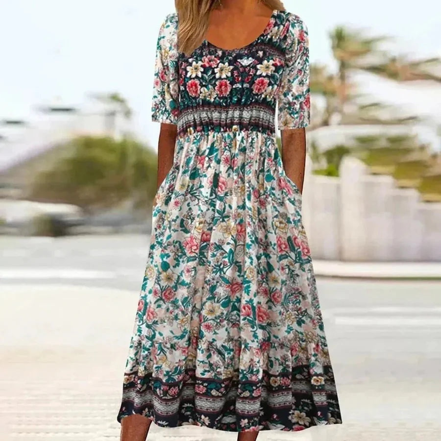 Vestido Largo de Invitada Estampado Étnico Mujer Cuello Cuadrado