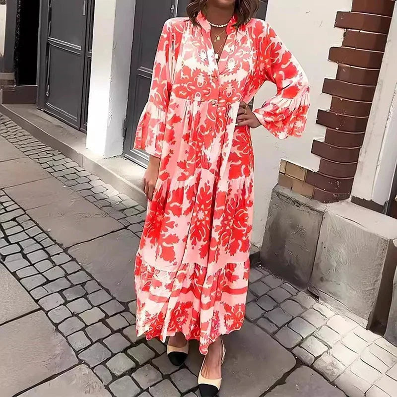 Vestido Largo de Invitada Mujer Estampado Floral Manga Larga