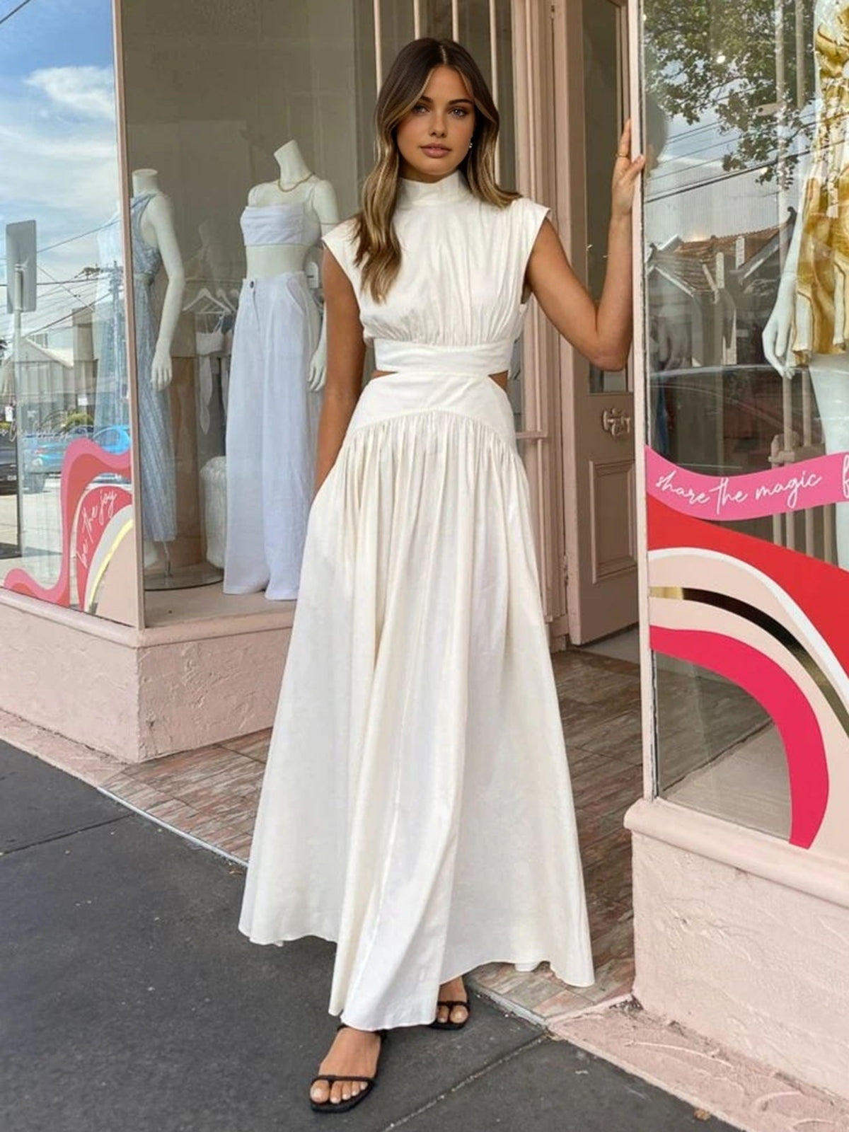 Vestido Largo de Novia Civil Cut Out Mujer Cuello Alto
