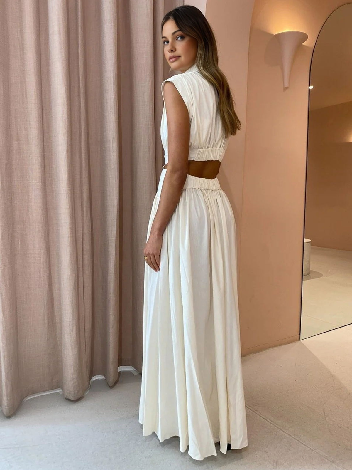Vestido Largo de Novia Civil Cut Out Mujer Cuello Alto