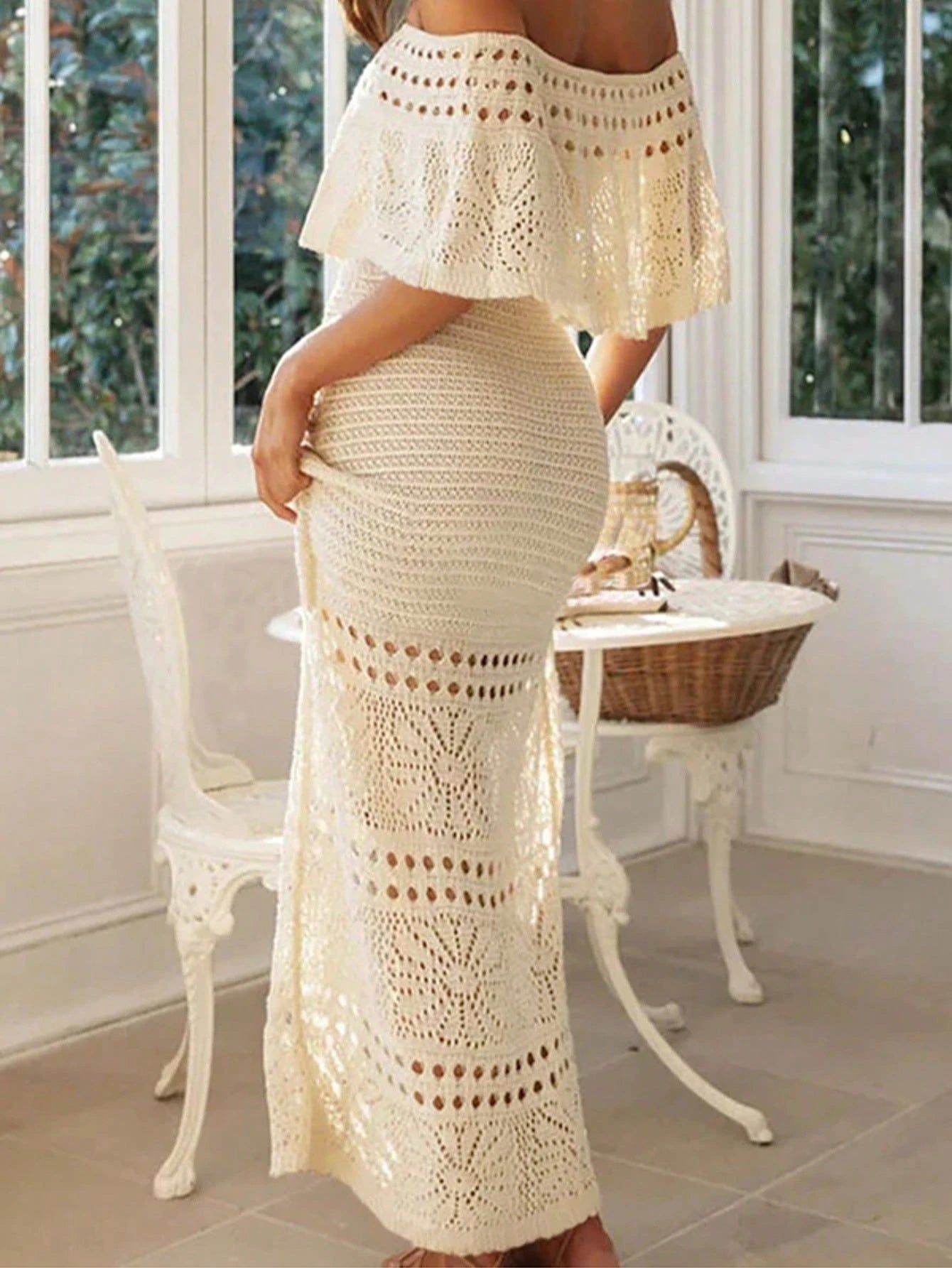 Vestido Largo de Punto Calado Mujer Hombros Descubiertos