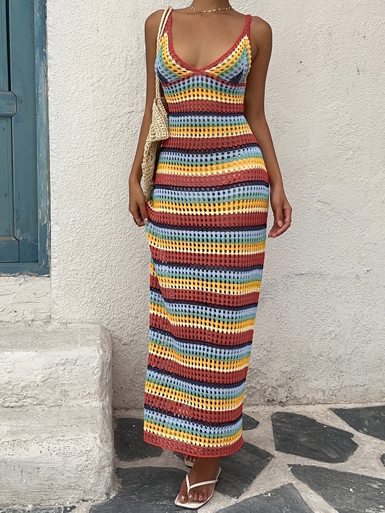 Vestido Largo de Punto Crochet Rayas Mujer Escote V