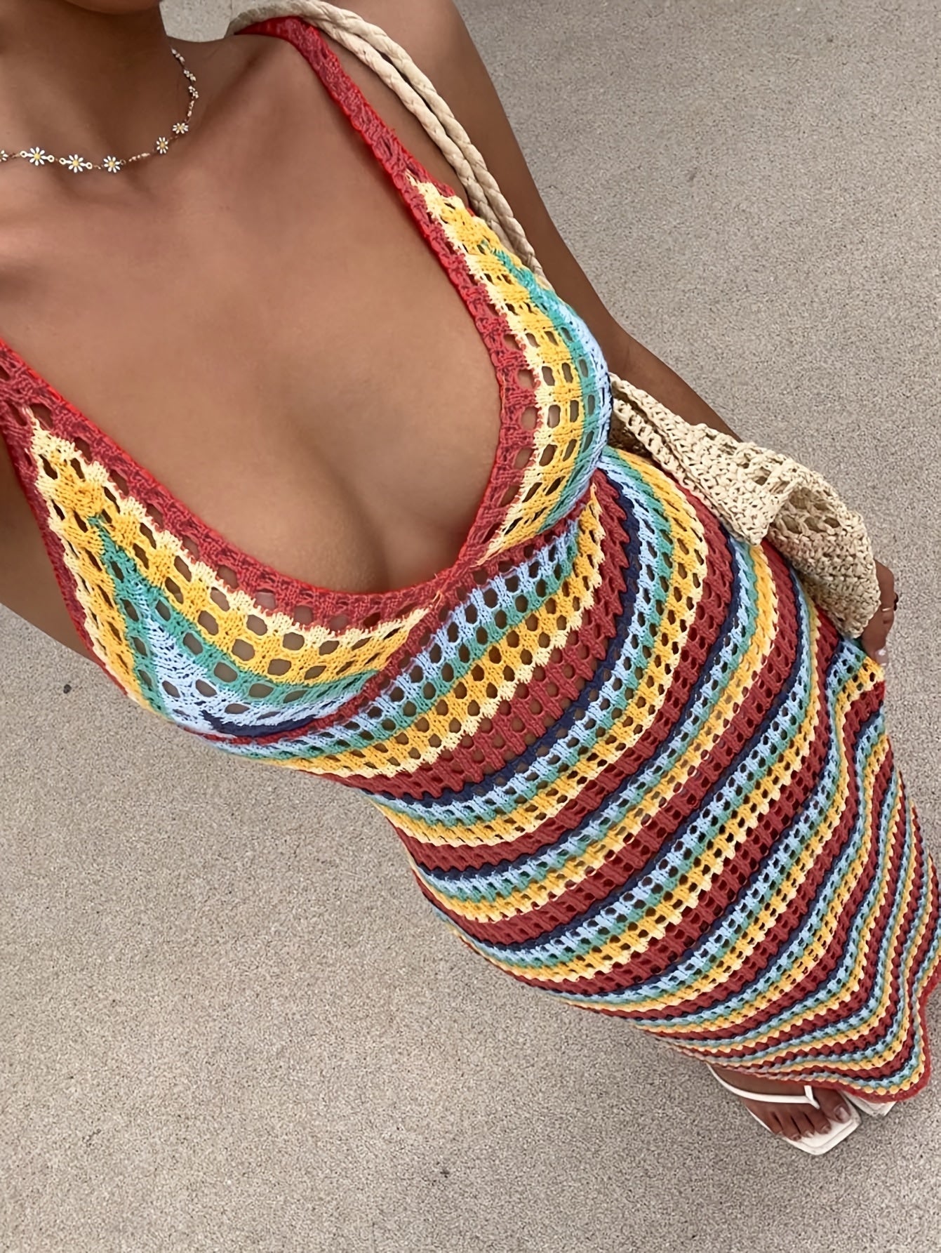 Vestido Largo de Punto Crochet Rayas Mujer Escote V