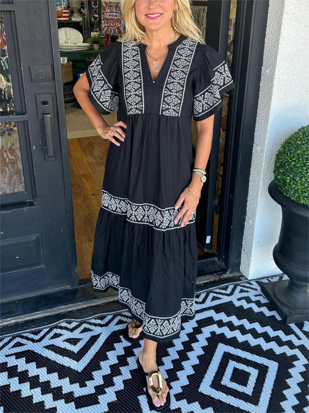Vestido Largo Étnico Bordado Mujer Escote V