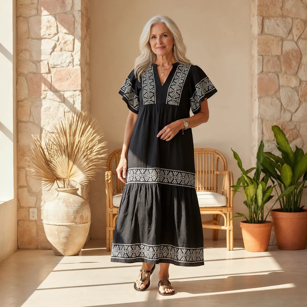 Vestido Largo Étnico Bordado Mujer Escote V