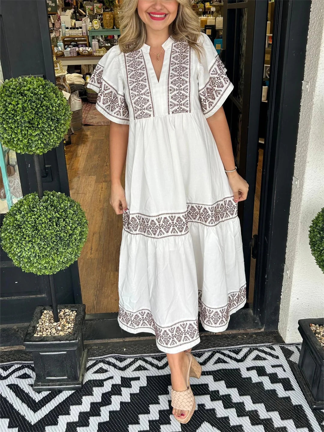 Vestido Largo Étnico Bordado Mujer Escote V