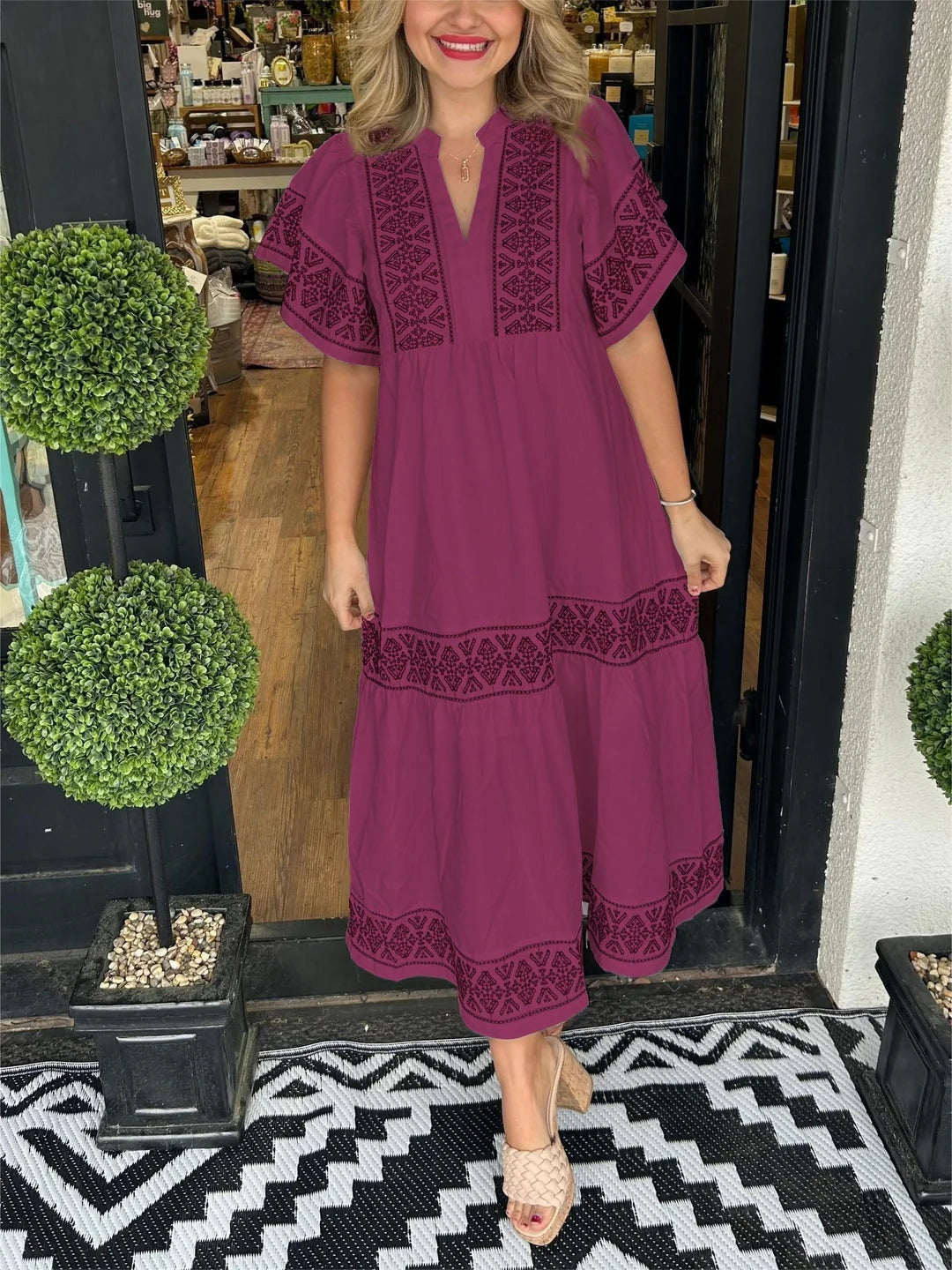 Vestido Largo Étnico Bordado Mujer Escote V