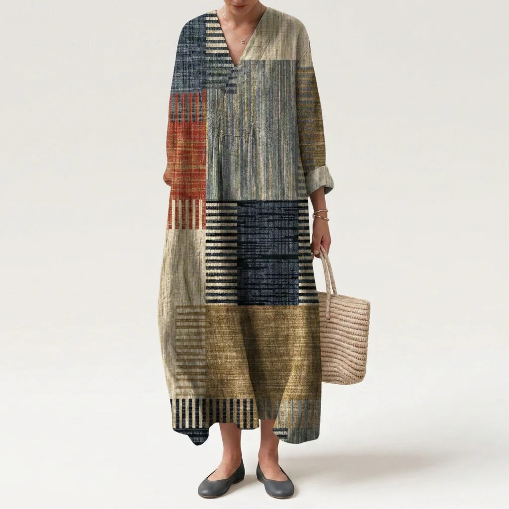 Vestido Largo Geométrico Estampado Patchwork Mujer Escote V