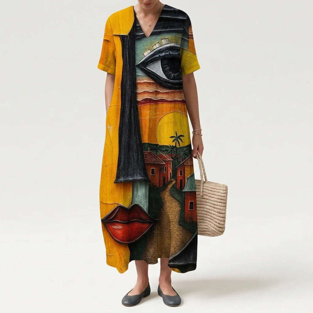 Vestido Largo Geométrico Estampado Patchwork Mujer Escote V