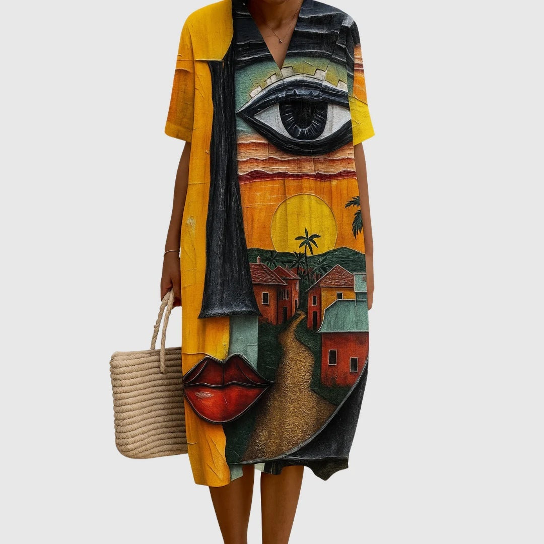 Vestido Largo Geométrico Estampado Patchwork Mujer Escote V