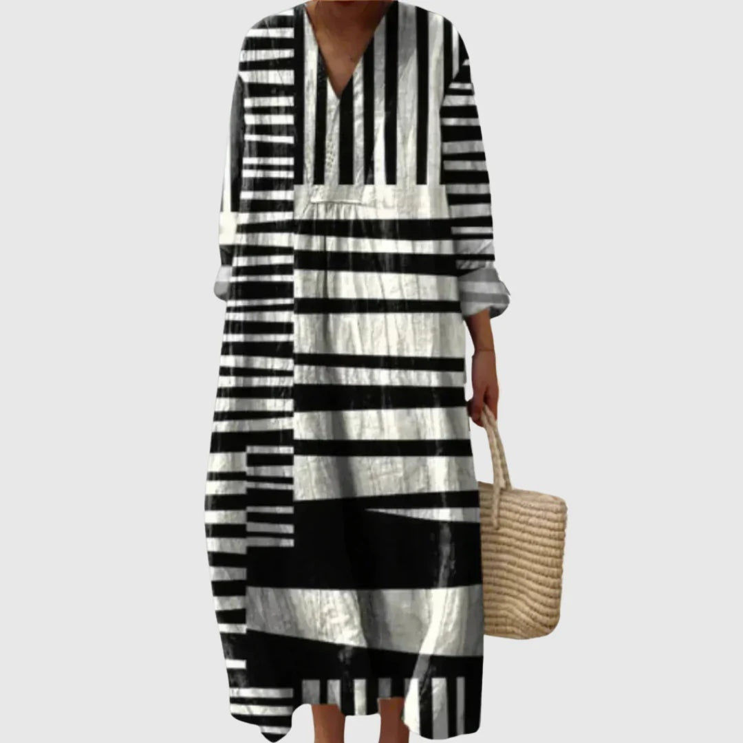 Vestido Largo Geométrico Estampado Patchwork Mujer Escote V
