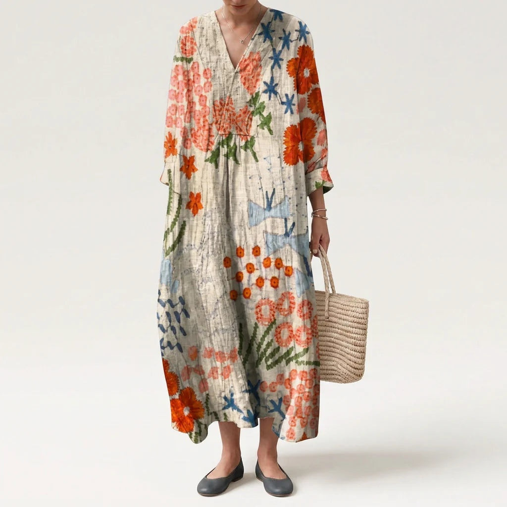 Vestido Largo Geométrico Estampado Patchwork Mujer Escote V