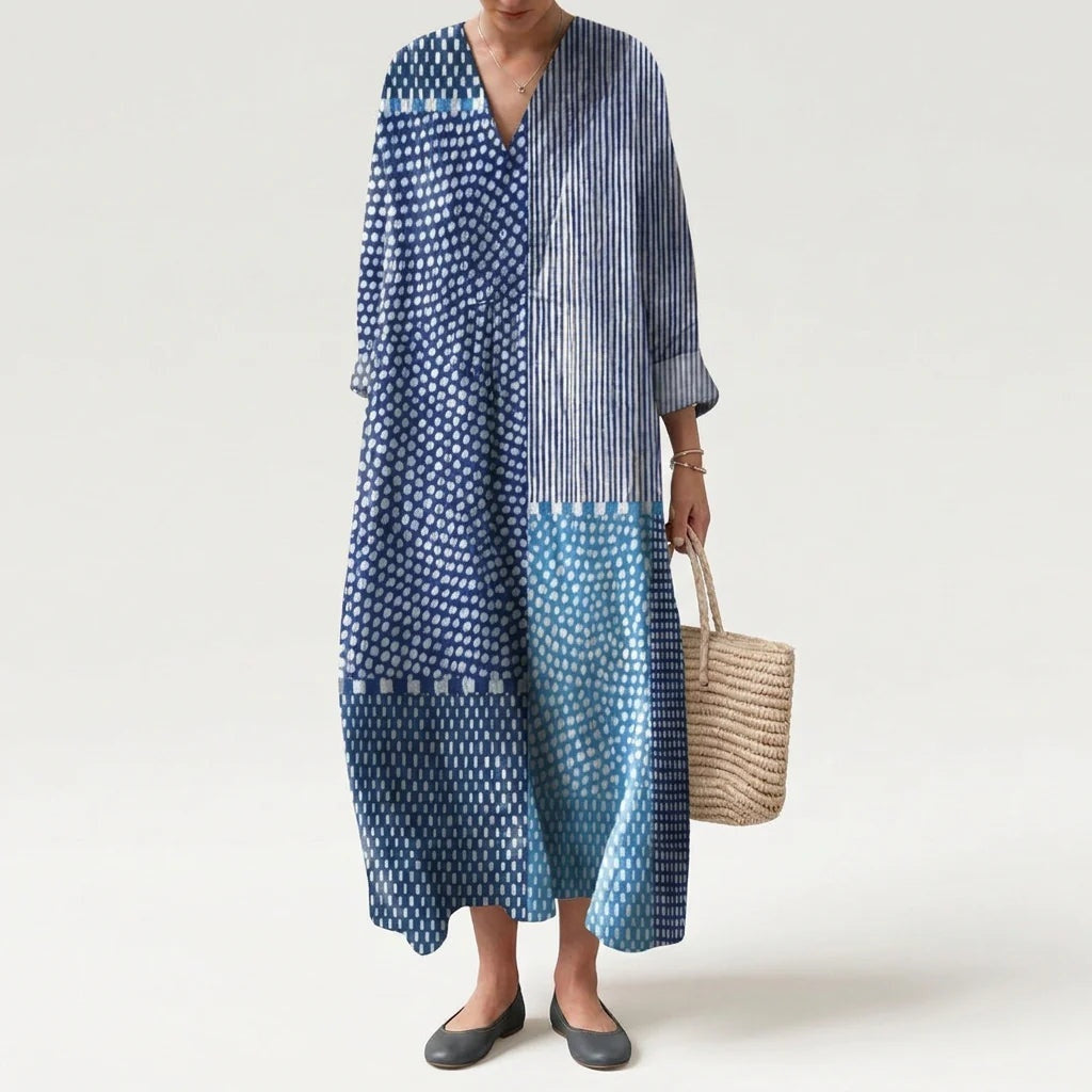 Vestido Largo Geométrico Estampado Patchwork Mujer Escote V