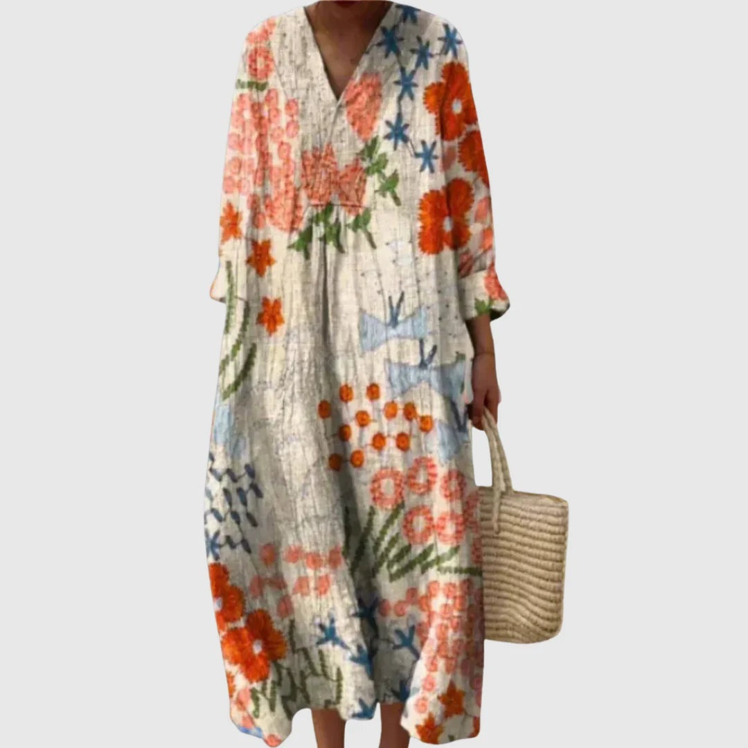 Vestido Largo Geométrico Estampado Patchwork Mujer Escote V