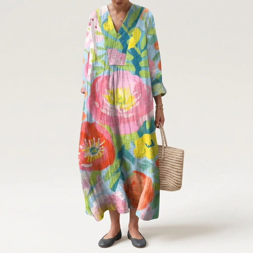 Vestido Largo Geométrico Estampado Patchwork Mujer Escote V
