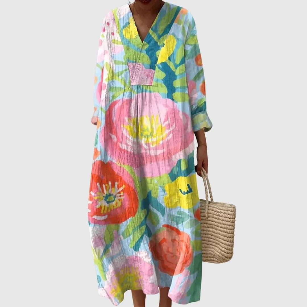 Vestido Largo Geométrico Estampado Patchwork Mujer Escote V