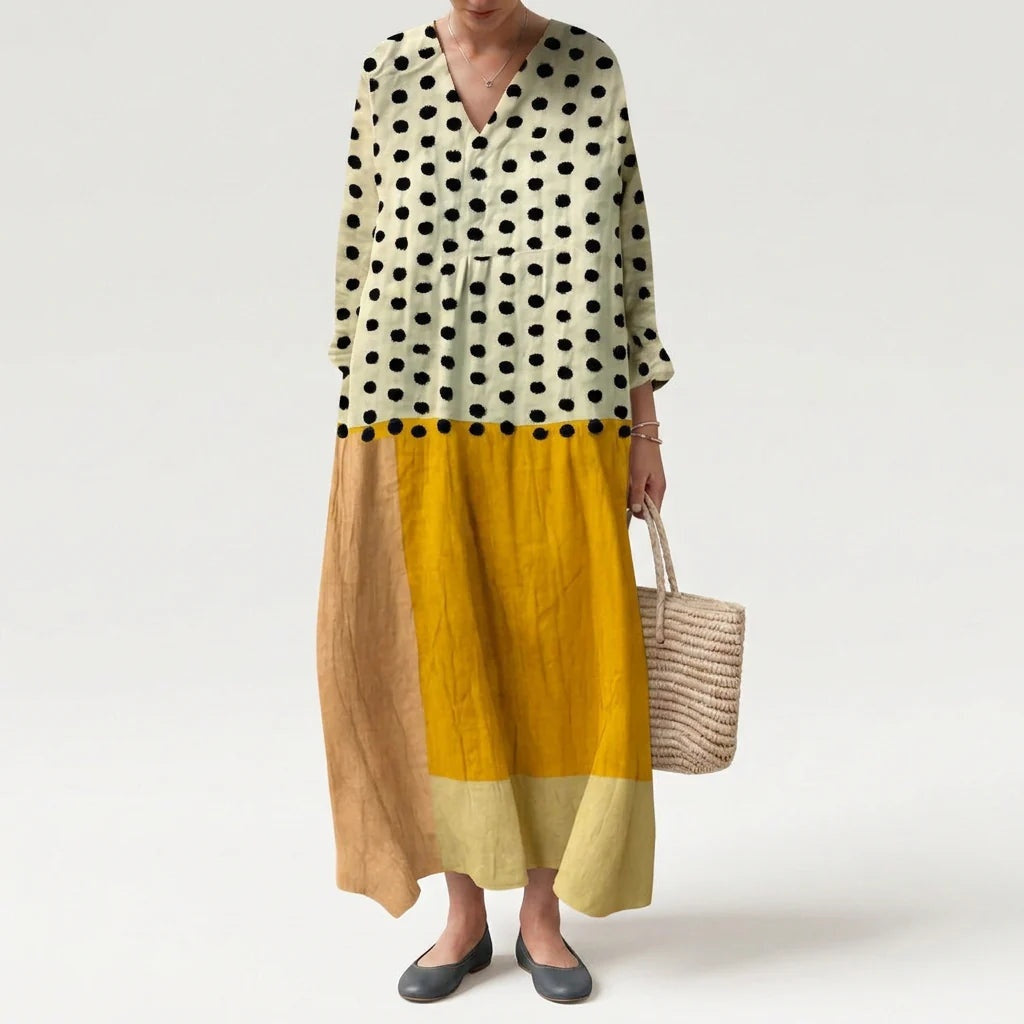 Vestido Largo Geométrico Estampado Patchwork Mujer Escote V