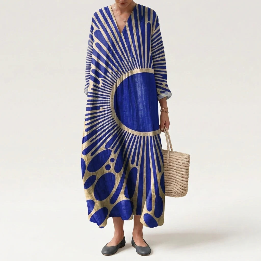 Vestido Largo Geométrico Estampado Patchwork Mujer Escote V