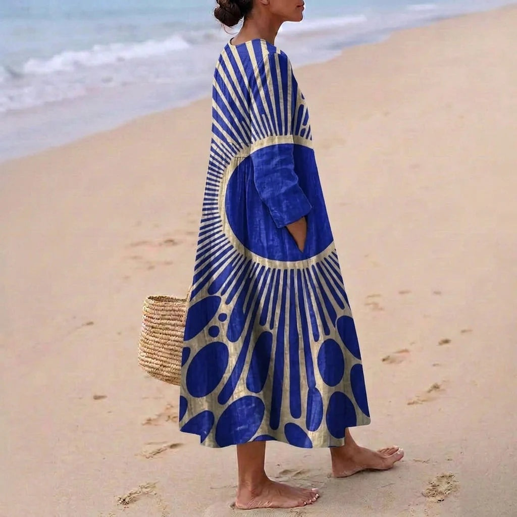Vestido Largo Geométrico Estampado Patchwork Mujer Escote V
