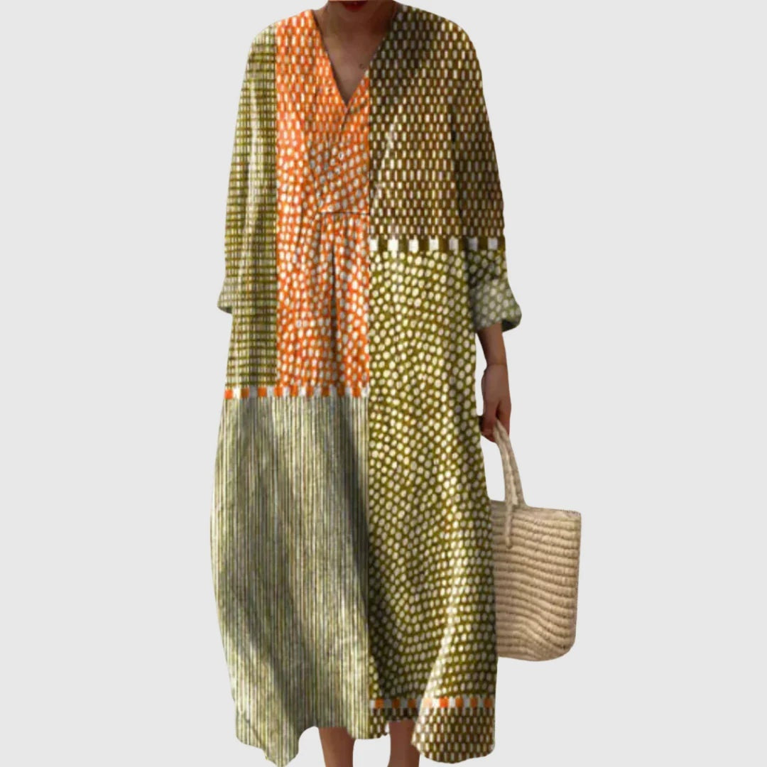 Vestido Largo Geométrico Estampado Patchwork Mujer Escote V