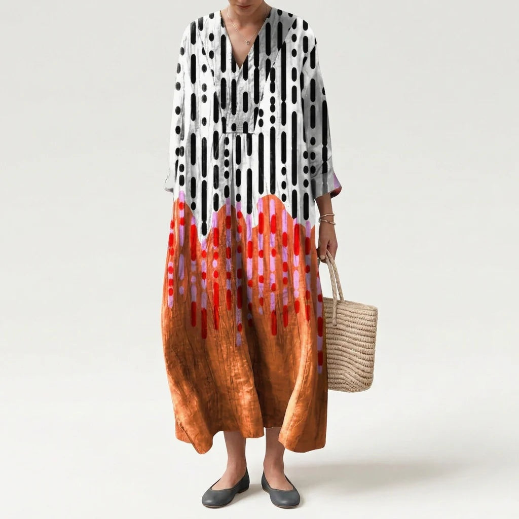 Vestido Largo Geométrico Estampado Patchwork Mujer Escote V