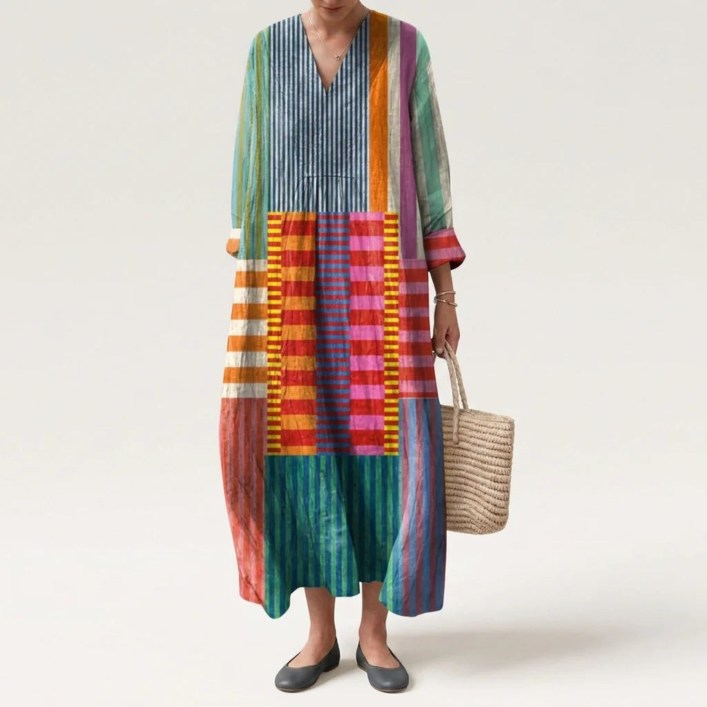Vestido Largo Geométrico Estampado Patchwork Mujer Escote V
