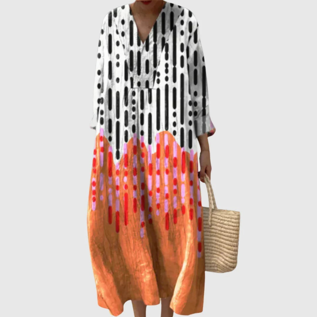 Vestido Largo Geométrico Estampado Patchwork Mujer Escote V