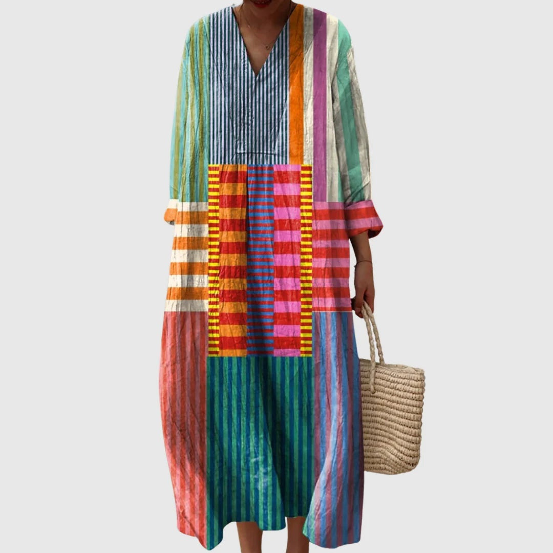 Vestido Largo Geométrico Estampado Patchwork Mujer Escote V