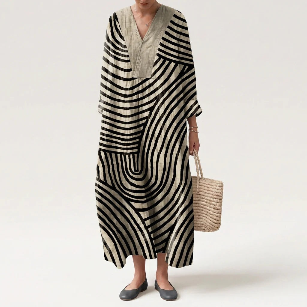 Vestido Largo Geométrico Estampado Patchwork Mujer Escote V