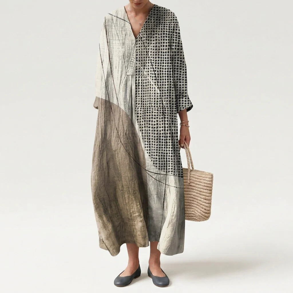 Vestido Largo Geométrico Estampado Patchwork Mujer Escote V