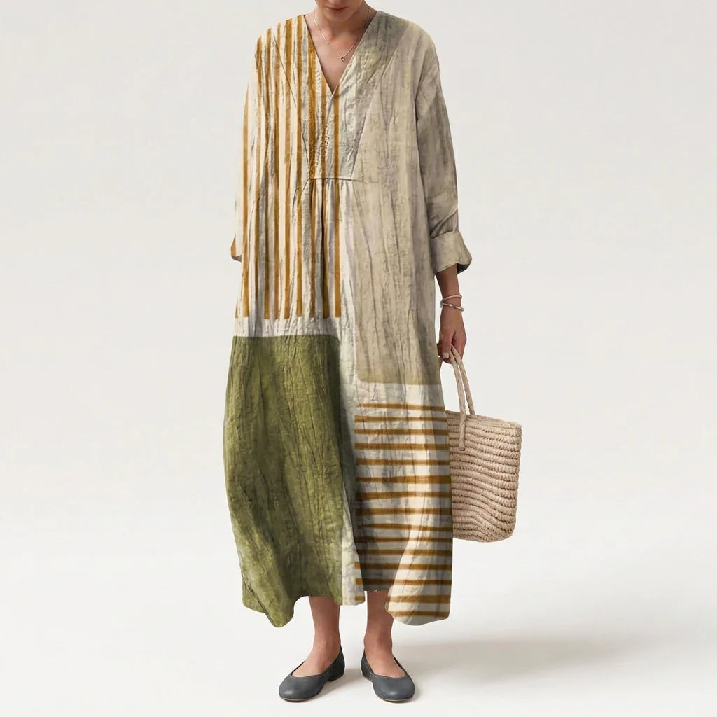 Vestido Largo Geométrico Estampado Patchwork Mujer Escote V