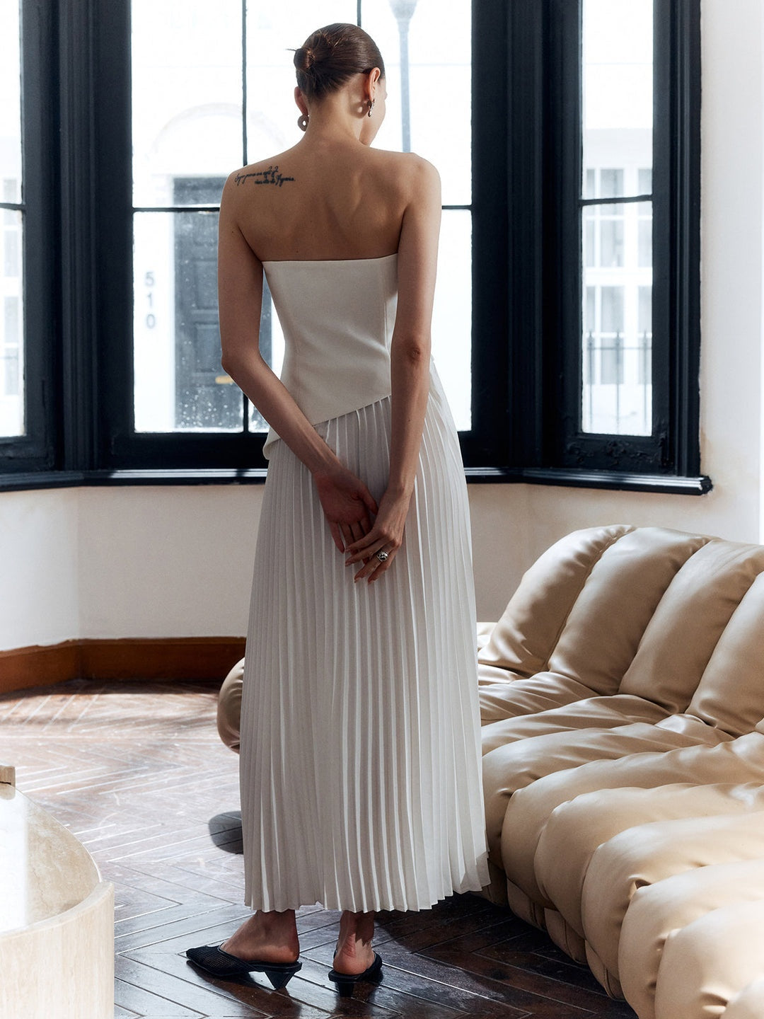 Vestido Largo Palabra de Honor Plisado Mujer Abertura Lateral