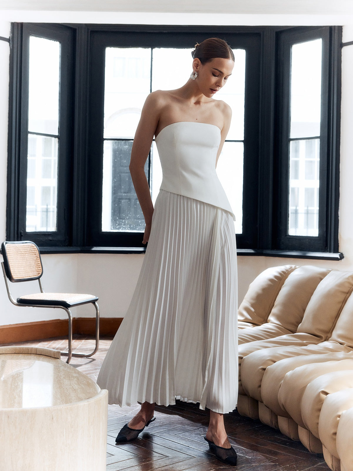 Vestido Largo Palabra de Honor Plisado Mujer Abertura Lateral