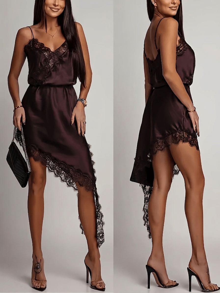 Vestido Lencero Asimétrico con Encaje Mujer Tirantes