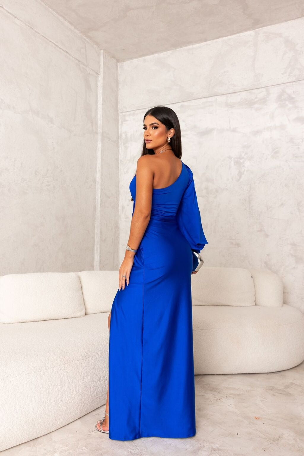 Vestido Lencero de Un Hombro Mujer Drapeado Abertura Lateral