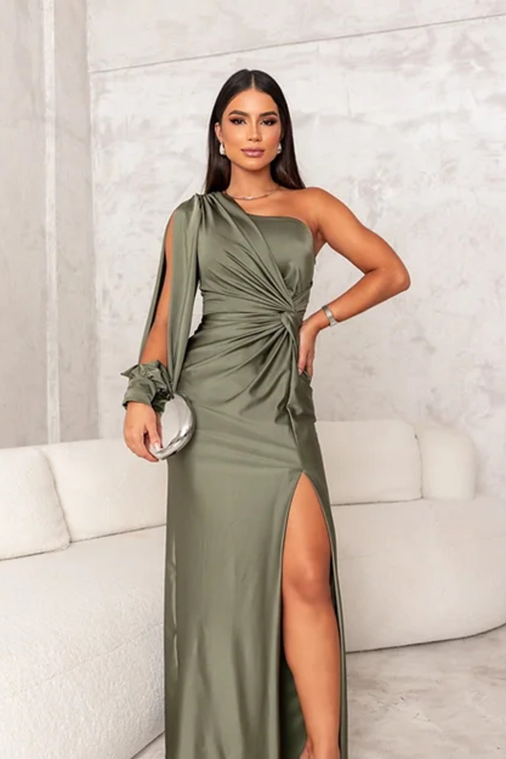 Vestido Lencero de Un Hombro Mujer Drapeado Abertura Lateral