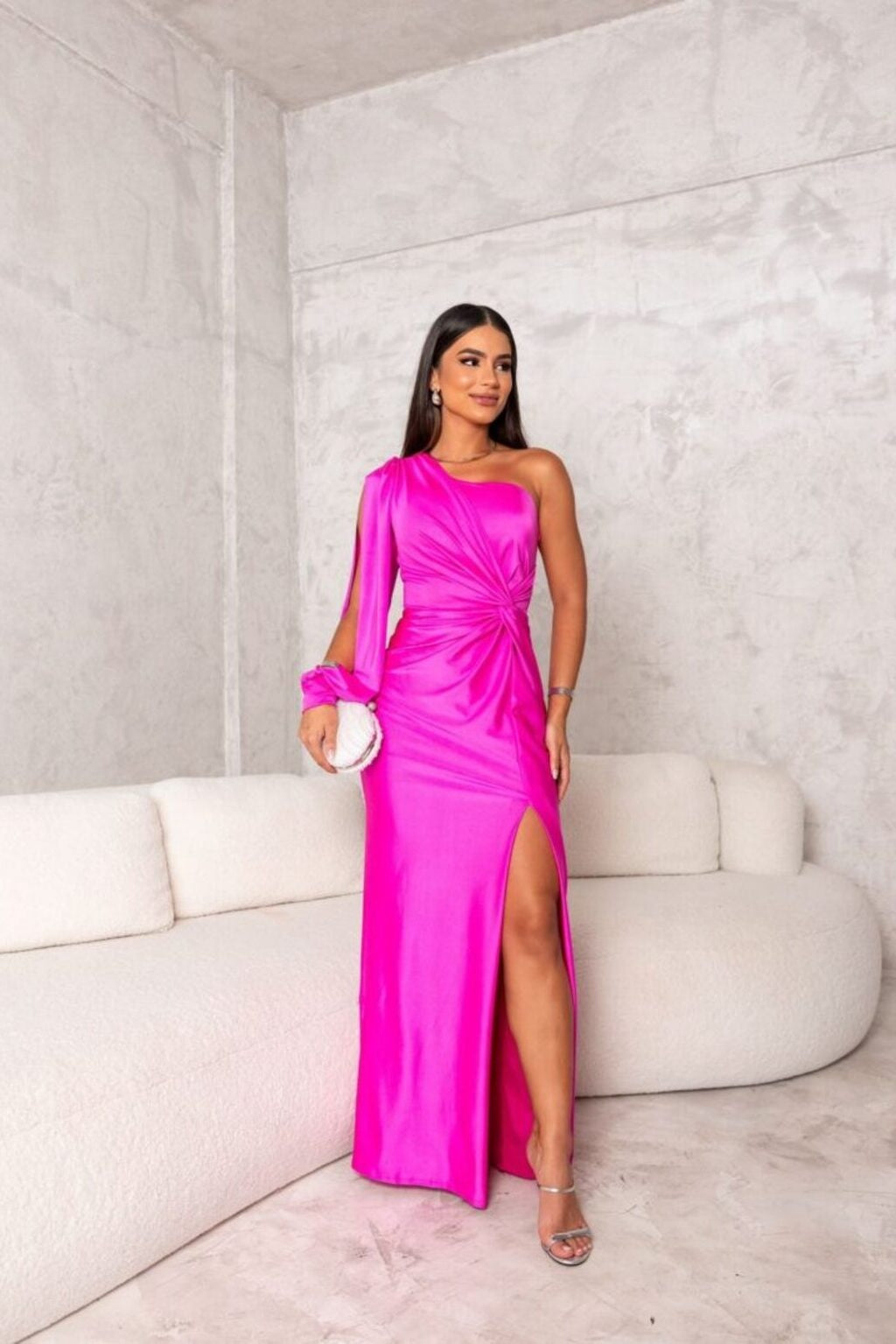Vestido Lencero de Un Hombro Mujer Drapeado Abertura Lateral