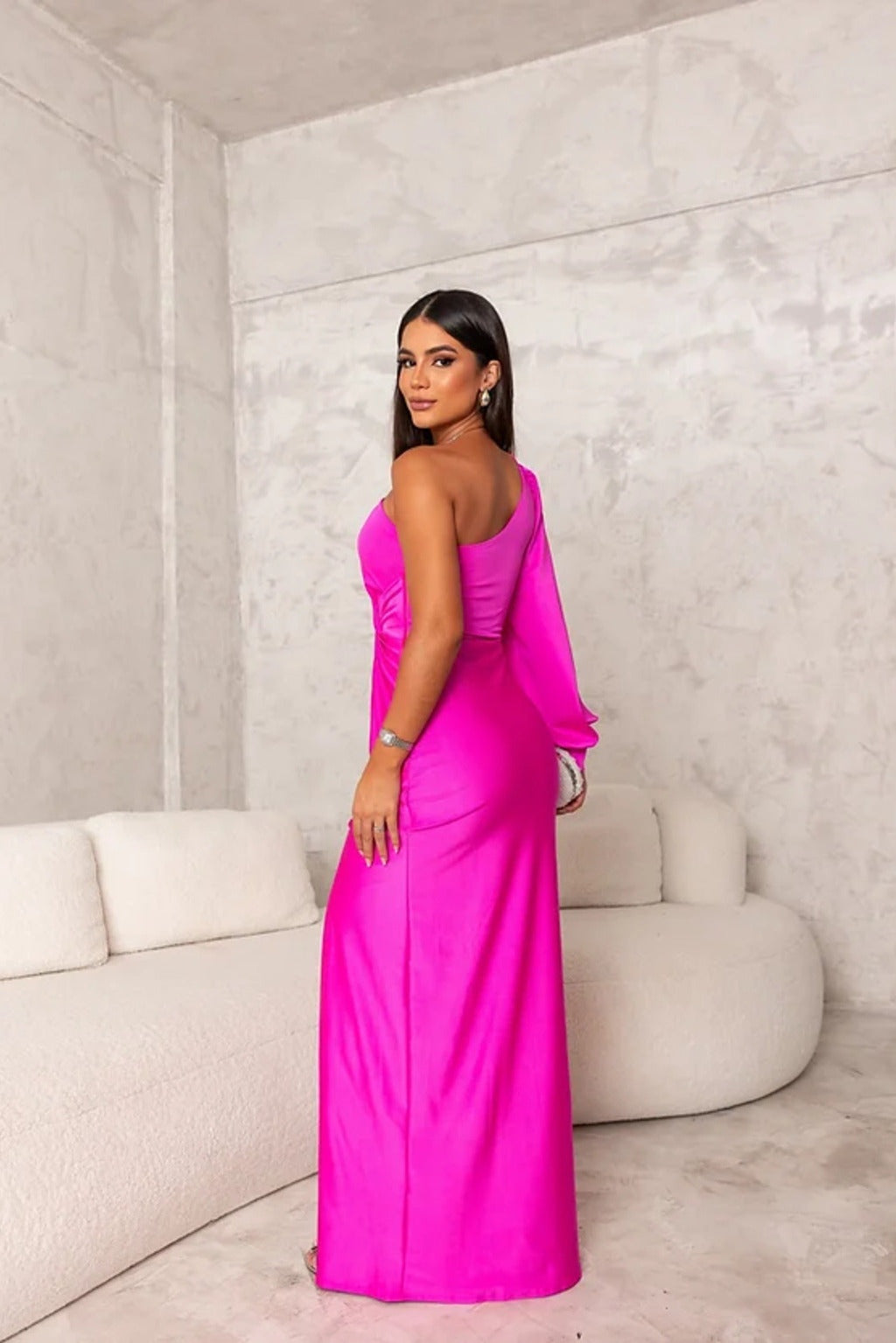 Vestido Lencero de Un Hombro Mujer Drapeado Abertura Lateral