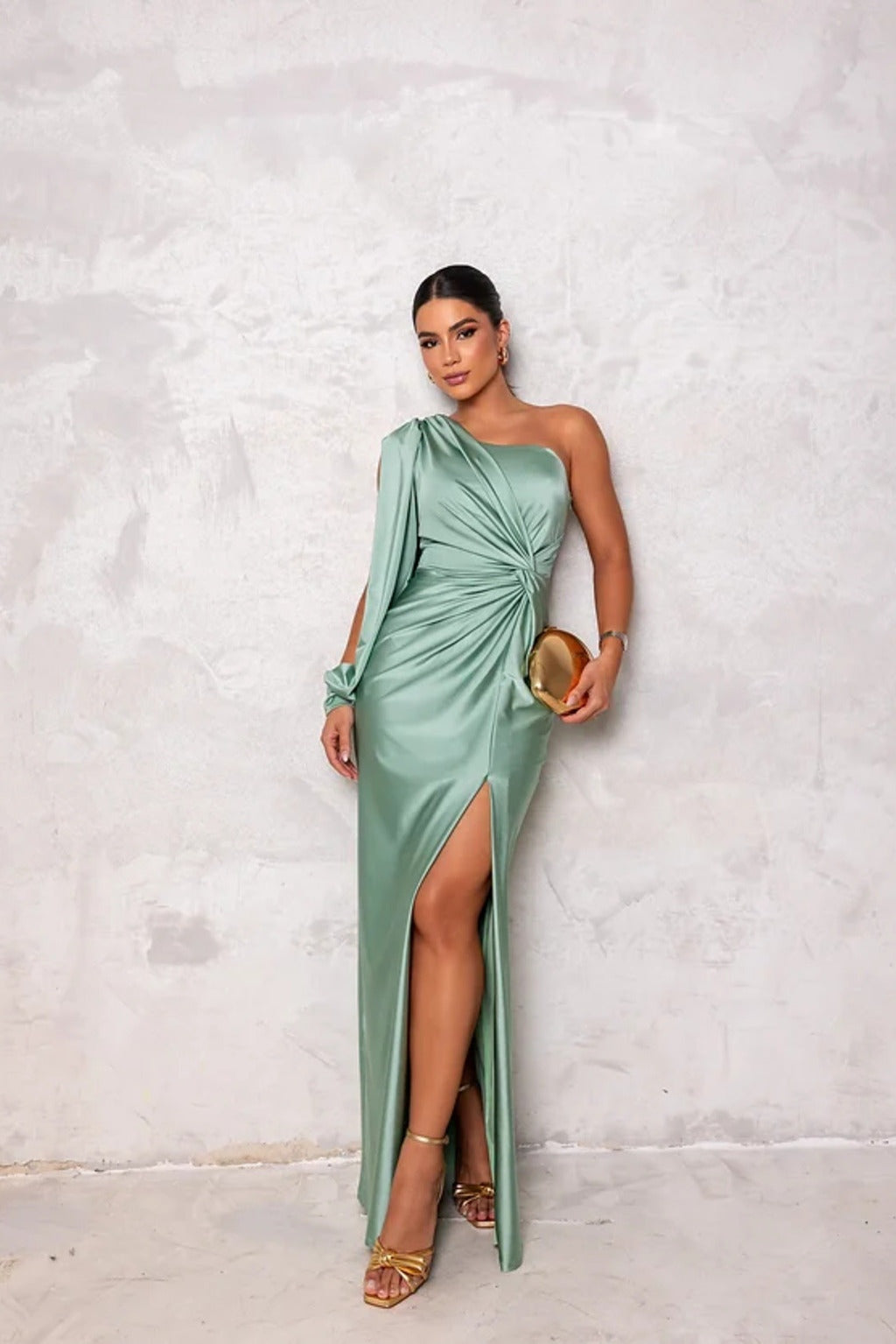 Vestido Lencero de Un Hombro Mujer Drapeado Abertura Lateral