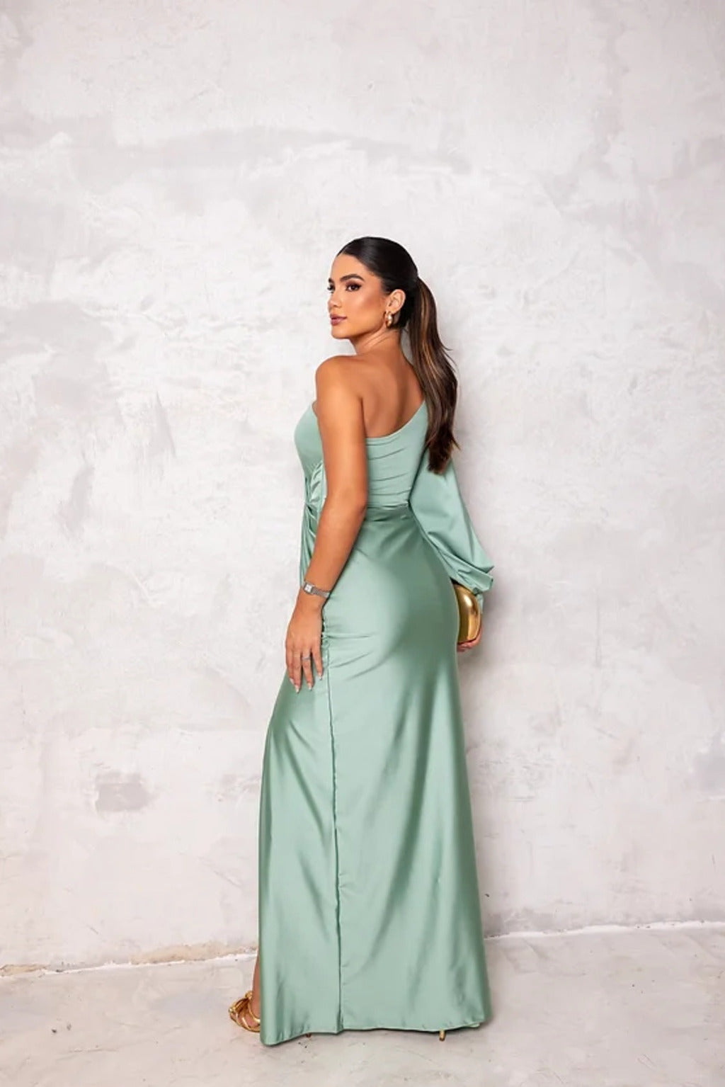Vestido Lencero de Un Hombro Mujer Drapeado Abertura Lateral
