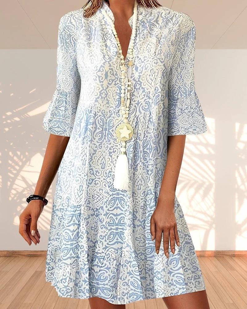 Vestido Midi Boho de Manga 3/4 Mujer Escote V
