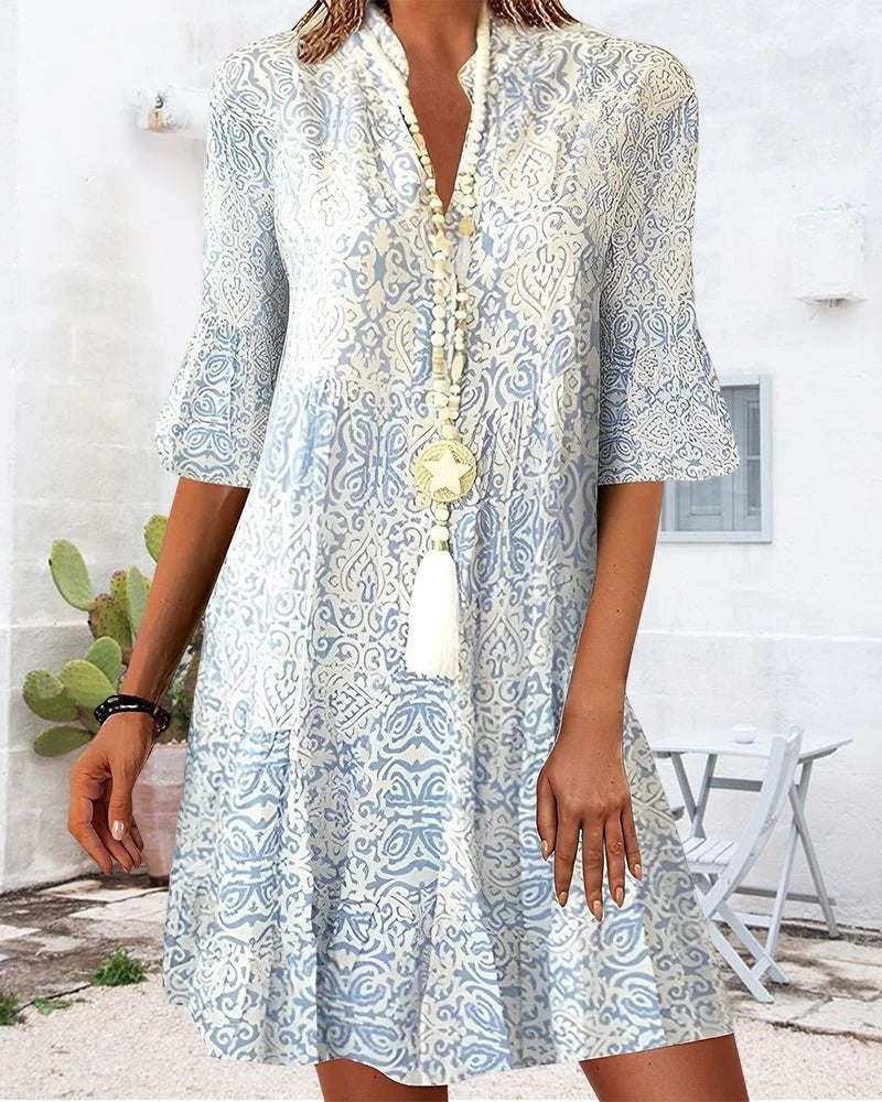 Vestido Midi Boho de Manga 3/4 Mujer Escote V
