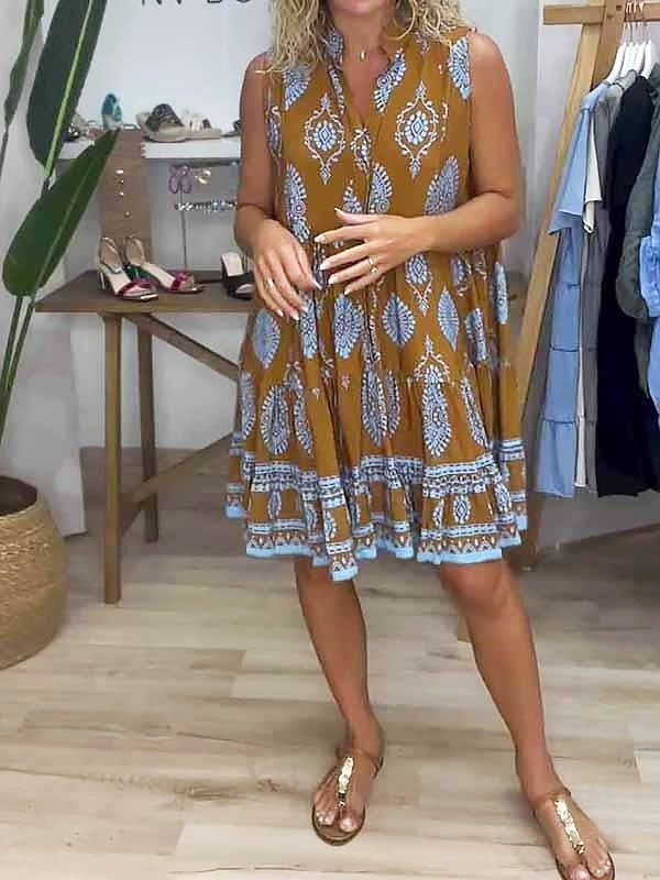 Vestido Midi Boho Estampado Tribal Mujer Sin Mangas