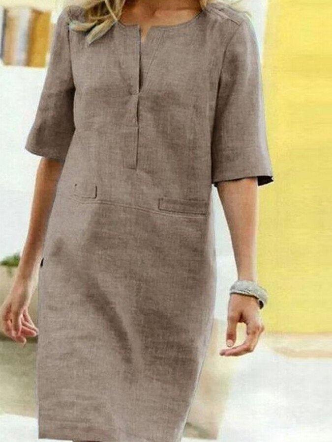 Vestido Midi Casual de Manga Tres Cuartos Mujer Bolsillos